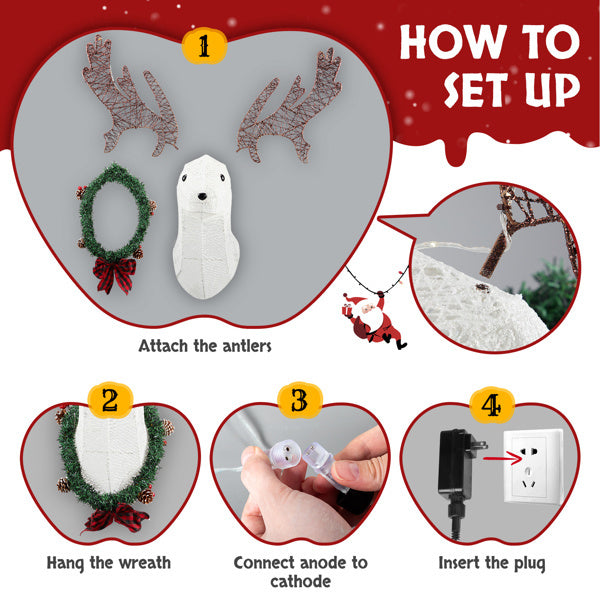Deer Head Flower Wreath Wall Mounted Warm White Light