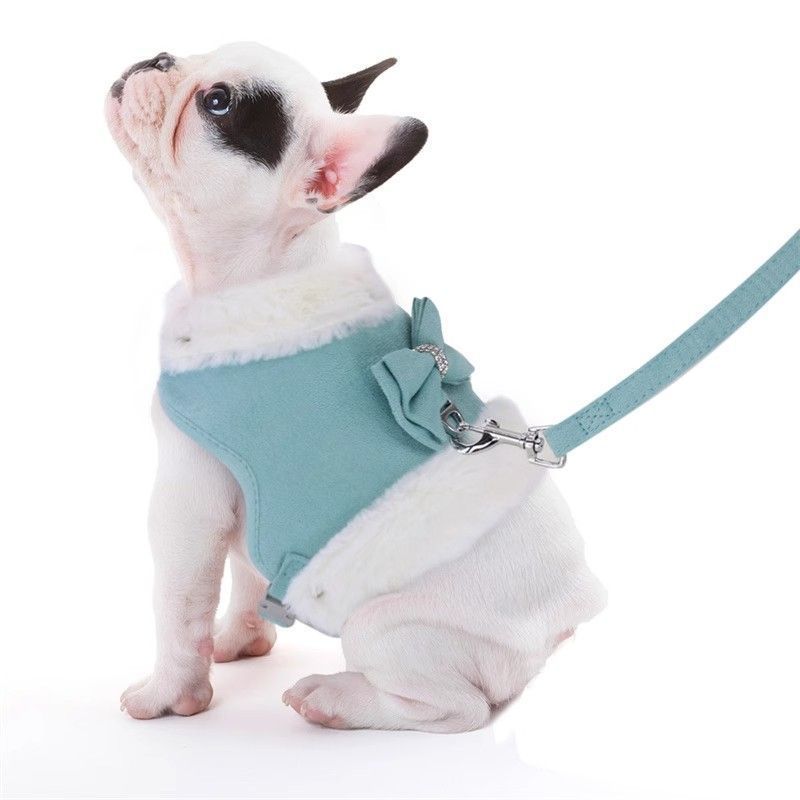 Cute Warm Small Dog Harness And Leash Set With Bow Tie, Soft Padded Puppy Harness With Removable Fur Collar, Adjustable Girl Dog Harness With Quick Release Buckles