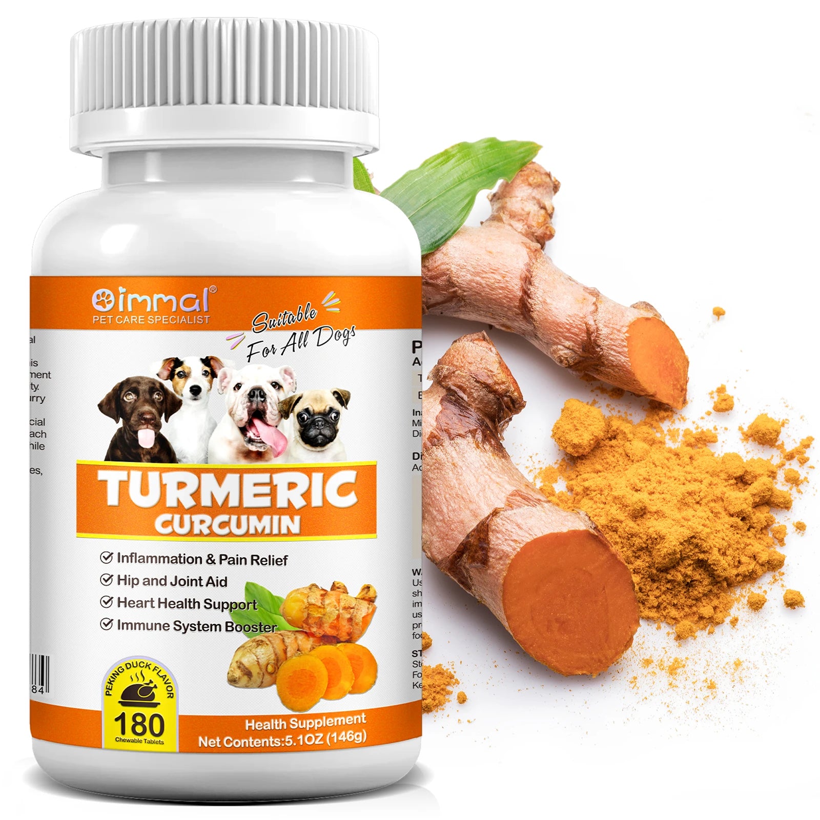 Turmeric Curcumin 180 Chewable Tablets Supplements Aid Joints and HIPS Heart Health Support Inflammation & Pain Relief for Dogs