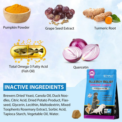 Dog Allergy Relief Chews Anti-Itch Skin & Coat Supplement Omega 3  60 Relief Treatment Pills Pumpkin Enzymes Peking Duck Flavor