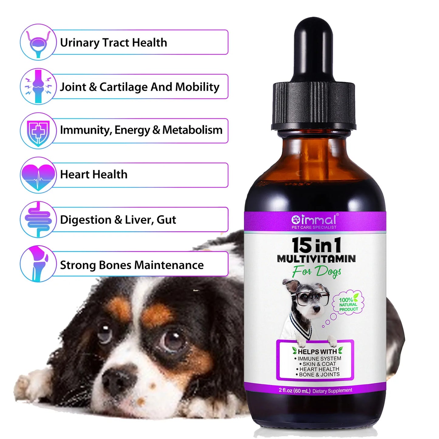 15-in-1 Vitamin Drops for Dogs Nutrients Comprehensive Nutrient Support Skin Coat Joint Bone Heart Immune System Boost Energy