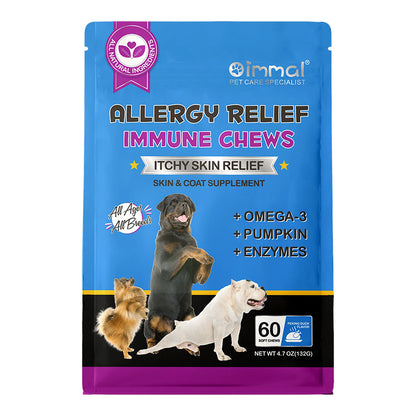 Dog Allergy Relief Chews Anti-Itch Skin & Coat Supplement Omega 3  60 Relief Treatment Pills Pumpkin Enzymes Peking Duck Flavor