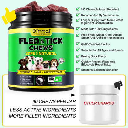 Flea and Tick Prevention 150 pcs Chewables Peking Duck Flavor Supplement for Dogs Oral Flea Pills Pest Defense All Breeds & Ages