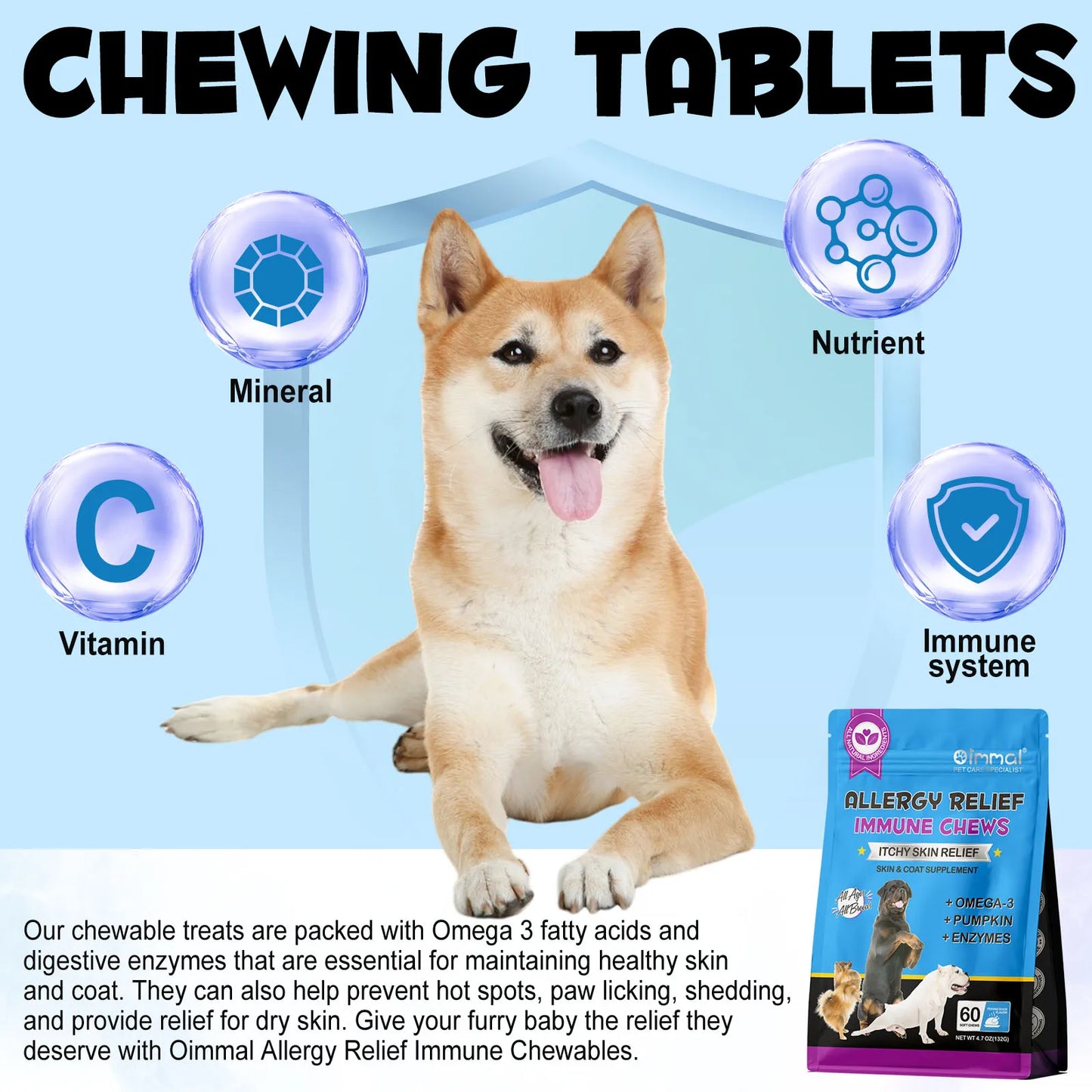 Dog Allergy Relief Chews Anti-Itch Skin & Coat Supplement Omega 3  60 Relief Treatment Pills Pumpkin Enzymes Peking Duck Flavor