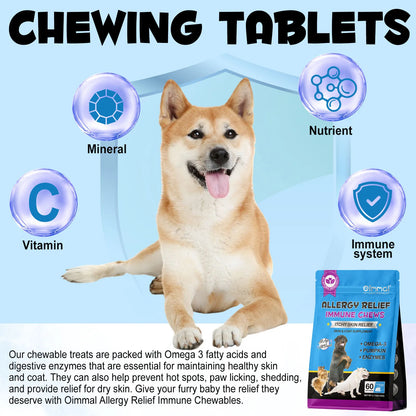 Dog Allergy Relief Chews Anti-Itch Skin & Coat Supplement Omega 3  60 Relief Treatment Pills Pumpkin Enzymes Peking Duck Flavor
