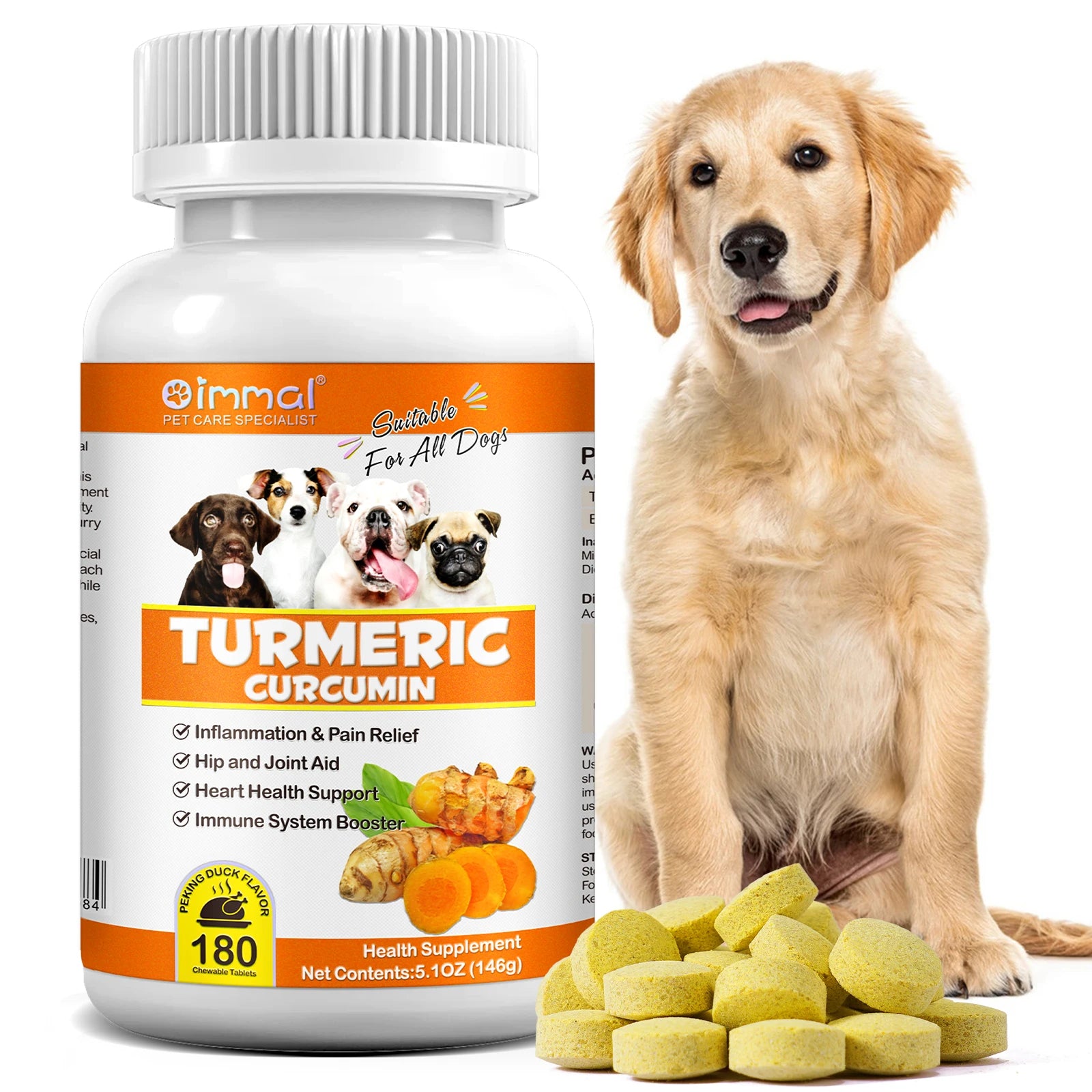 Turmeric Curcumin 180 Chewable Tablets Supplements Aid Joints and HIPS Heart Health Support Inflammation & Pain Relief for Dogs