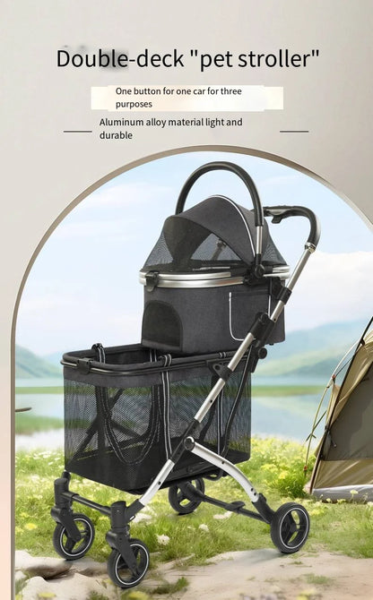 2025 New Dog Stroller with Double Layered Upper and Lower Compartments, Large Space for Pets, Multiple Cats, Dogs, and Dogs Cart