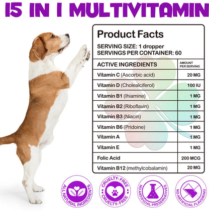 15-in-1 Vitamin Drops for Dogs Nutrients Comprehensive Nutrient Support Skin Coat Joint Bone Heart Immune System Boost Energy