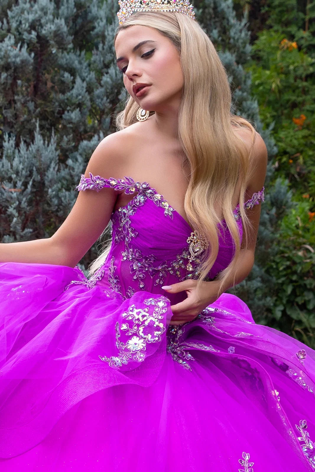 Embellished strap corset ruffle layer train dress with detachable back bow GLGL3548