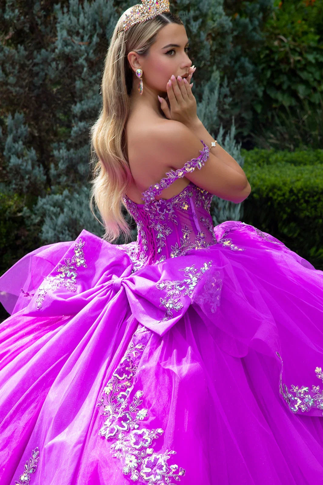 Embellished strap corset ruffle layer train dress with detachable back bow GLGL3548