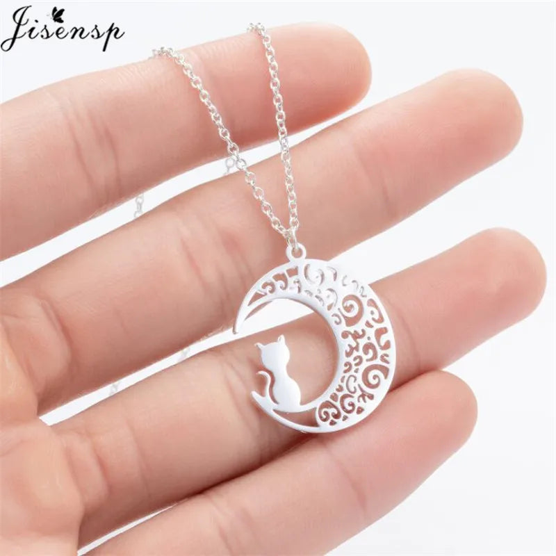 Stainless Steel Origami Cat Necklaces Lovely Animal Kitten Jewelry Cat on the Moon Pendant Necklace Women Bijoux Collane