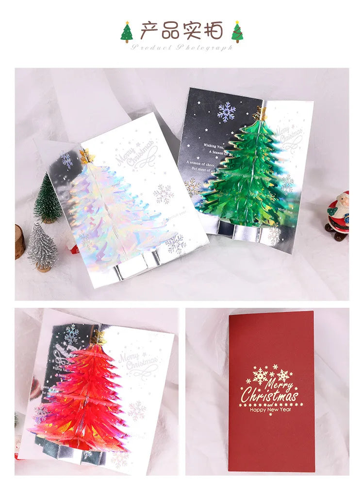 3D Shining Bling Christmas Tree Pop Up Greeting Cards With Envelope Blessing Message Postcard For Xmas New Year Gifts