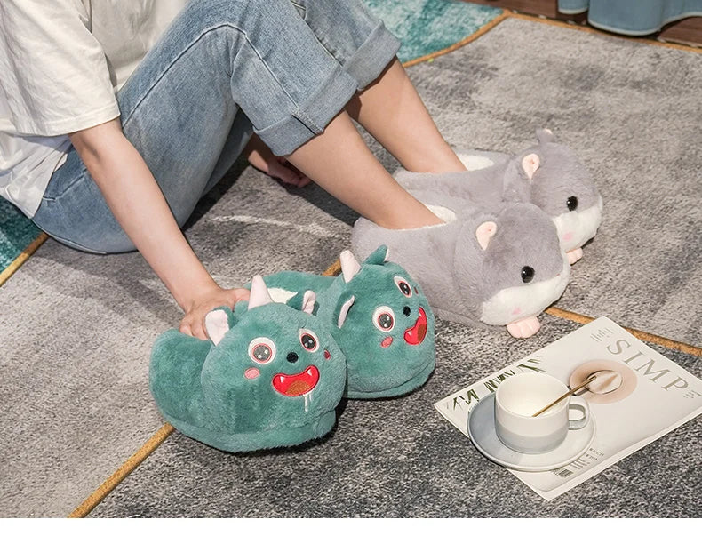 Cartoon Warm Winter Slippers Kawaii Hamster Unicorn Plush Shoes Soft Sole Flat Home Cotton Shoes Girl Women Floor Mute Non-slip