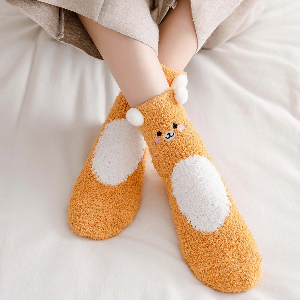 Women Cute Cartoon Animal Fuzzy Socks Winter Warm Fleece Kawaii Panda Bear Cat Mouse Casual Fashion Home Floor Sleep Fluffy Sock