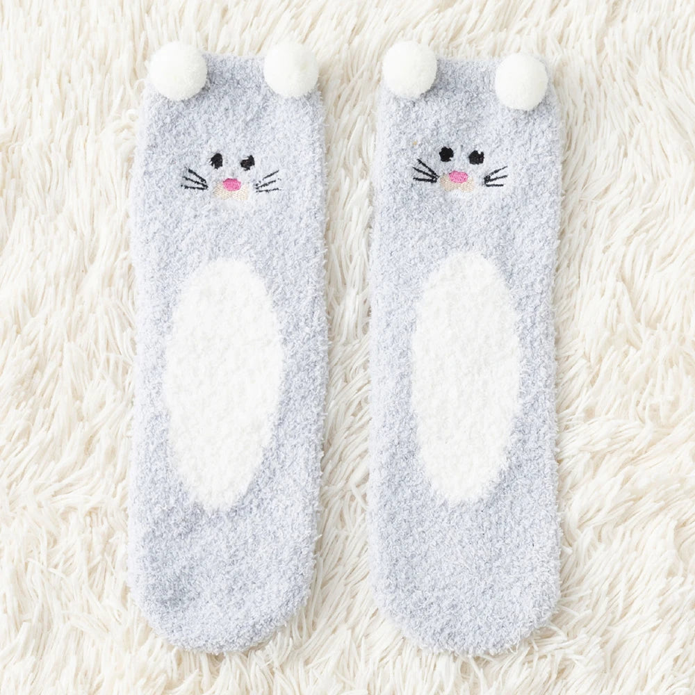 Women Cute Cartoon Animal Fuzzy Socks Winter Warm Fleece Kawaii Panda Bear Cat Mouse Casual Fashion Home Floor Sleep Fluffy Sock