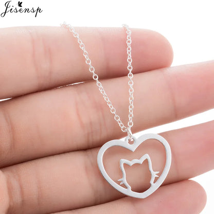 Stainless Steel Origami Cat Necklaces Lovely Animal Kitten Jewelry Cat on the Moon Pendant Necklace Women Bijoux Collane
