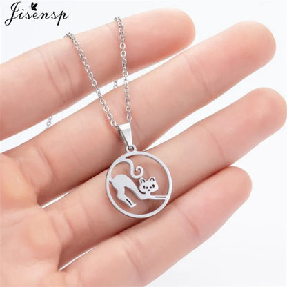 Stainless Steel Origami Cat Necklaces Lovely Animal Kitten Jewelry Cat on the Moon Pendant Necklace Women Bijoux Collane