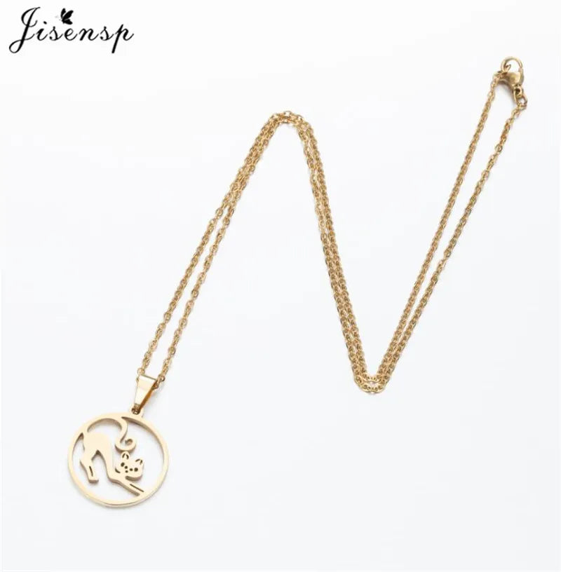 Stainless Steel Origami Cat Necklaces Lovely Animal Kitten Jewelry Cat on the Moon Pendant Necklace Women Bijoux Collane