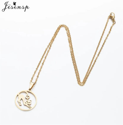 Stainless Steel Origami Cat Necklaces Lovely Animal Kitten Jewelry Cat on the Moon Pendant Necklace Women Bijoux Collane