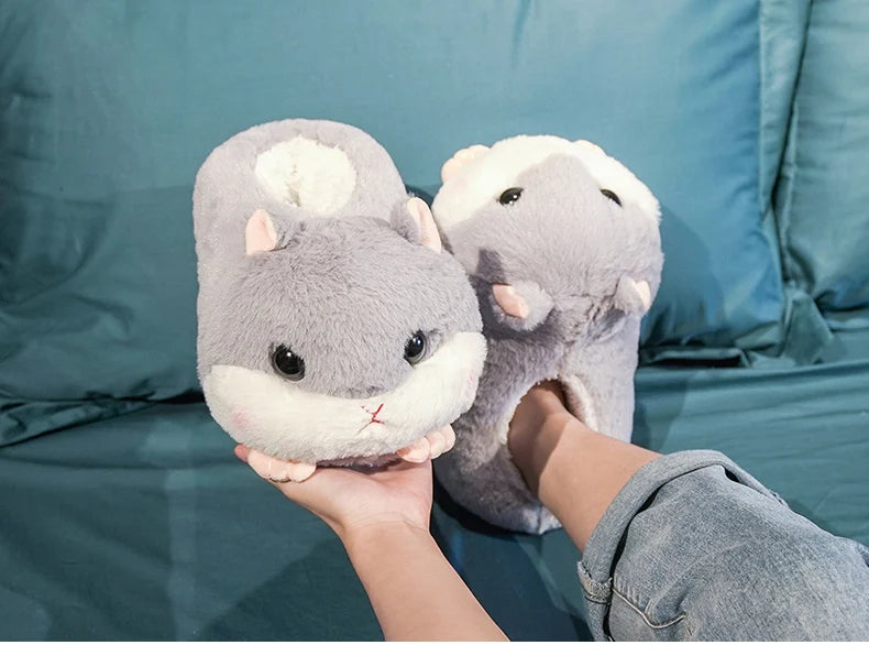 Cartoon Warm Winter Slippers Kawaii Hamster Unicorn Plush Shoes Soft Sole Flat Home Cotton Shoes Girl Women Floor Mute Non-slip