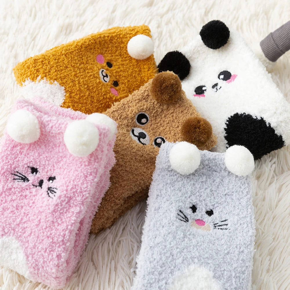 Women Cute Cartoon Animal Fuzzy Socks Winter Warm Fleece Kawaii Panda Bear Cat Mouse Casual Fashion Home Floor Sleep Fluffy Sock