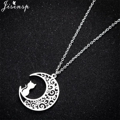 Stainless Steel Origami Cat Necklaces Lovely Animal Kitten Jewelry Cat on the Moon Pendant Necklace Women Bijoux Collane