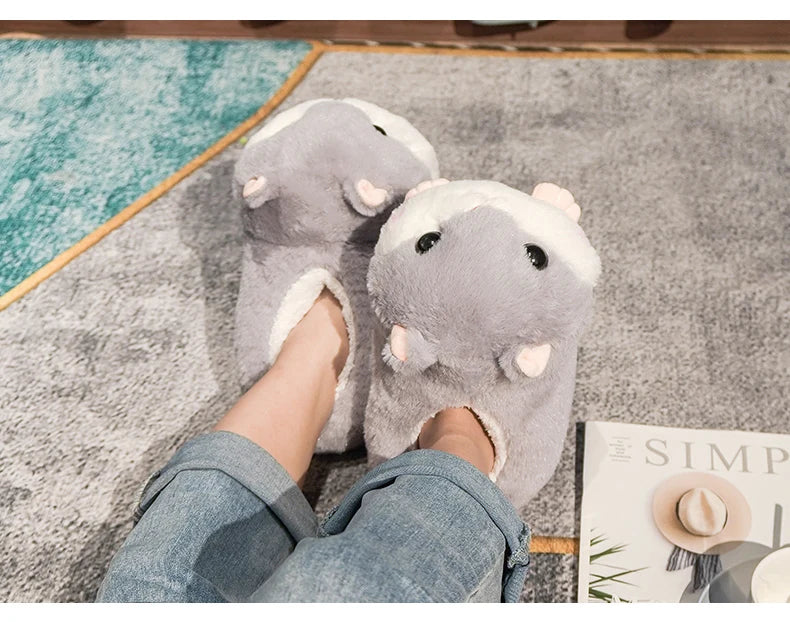 Cartoon Warm Winter Slippers Kawaii Hamster Unicorn Plush Shoes Soft Sole Flat Home Cotton Shoes Girl Women Floor Mute Non-slip