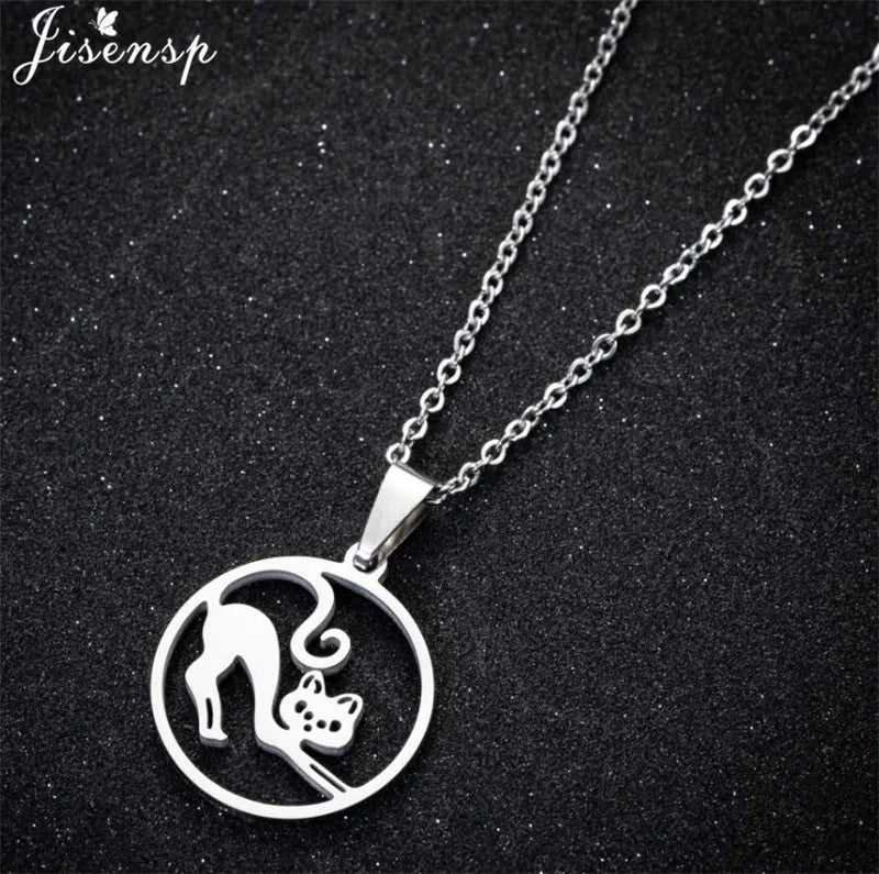 Stainless Steel Origami Cat Necklaces Lovely Animal Kitten Jewelry Cat on the Moon Pendant Necklace Women Bijoux Collane