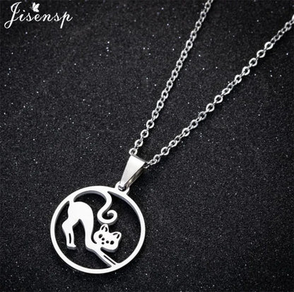 Stainless Steel Origami Cat Necklaces Lovely Animal Kitten Jewelry Cat on the Moon Pendant Necklace Women Bijoux Collane