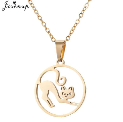 Stainless Steel Origami Cat Necklaces Lovely Animal Kitten Jewelry Cat on the Moon Pendant Necklace Women Bijoux Collane