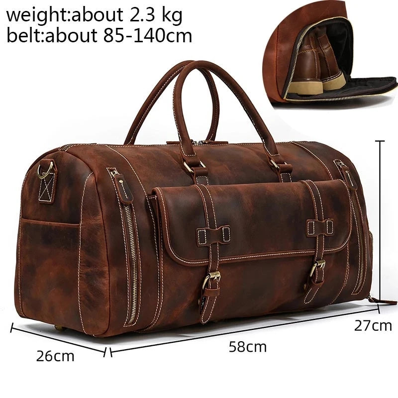 Luufan Genuine Leather Men's Travel Bag With Shoe Pocket Retro Crazy Horse Leather Big Capacity Luggag Bag Business Trip Handbag