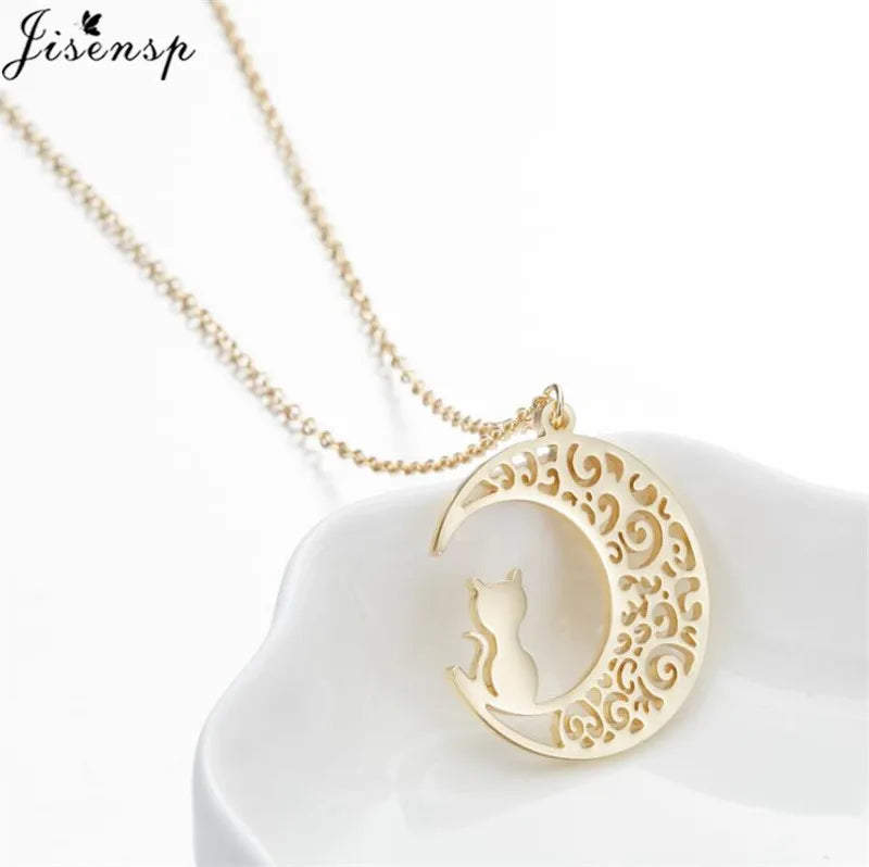 Stainless Steel Origami Cat Necklaces Lovely Animal Kitten Jewelry Cat on the Moon Pendant Necklace Women Bijoux Collane