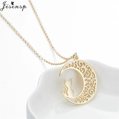 Stainless Steel Origami Cat Necklaces Lovely Animal Kitten Jewelry Cat on the Moon Pendant Necklace Women Bijoux Collane