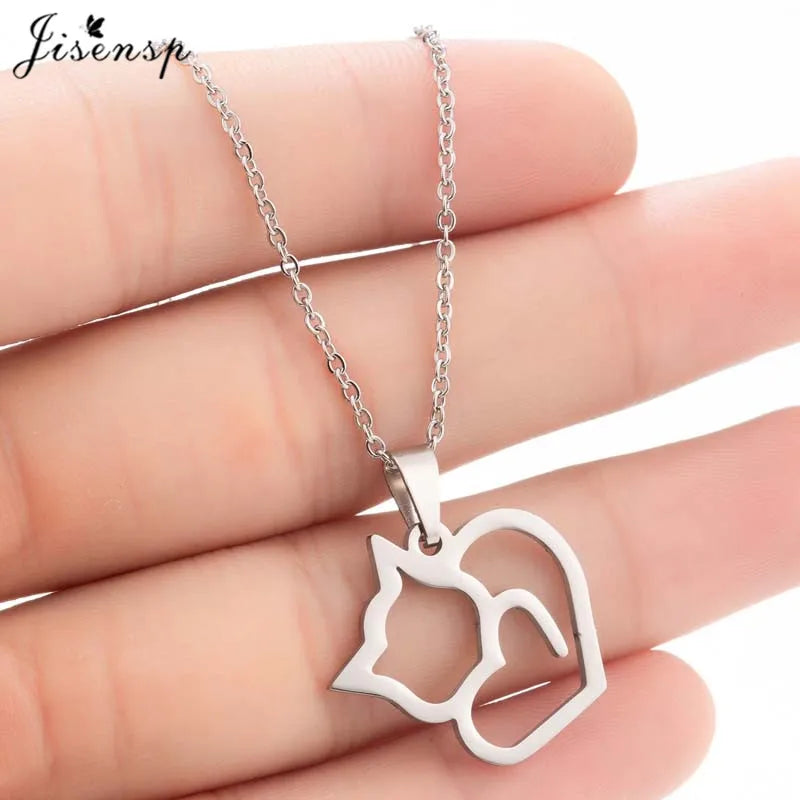 Stainless Steel Origami Cat Necklaces Lovely Animal Kitten Jewelry Cat on the Moon Pendant Necklace Women Bijoux Collane