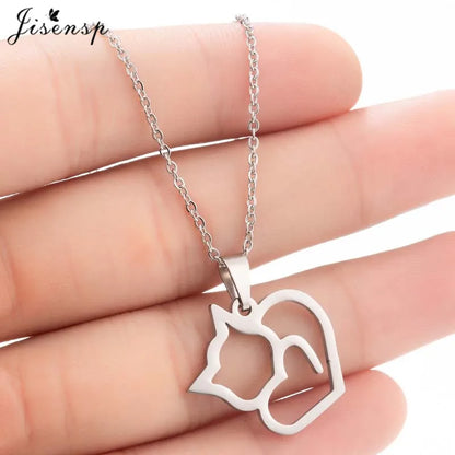Stainless Steel Origami Cat Necklaces Lovely Animal Kitten Jewelry Cat on the Moon Pendant Necklace Women Bijoux Collane