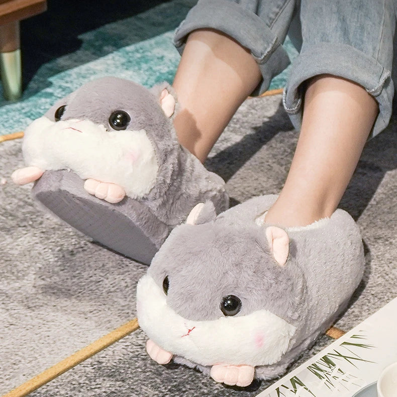 Cartoon Warm Winter Slippers Kawaii Hamster Unicorn Plush Shoes Soft Sole Flat Home Cotton Shoes Girl Women Floor Mute Non-slip