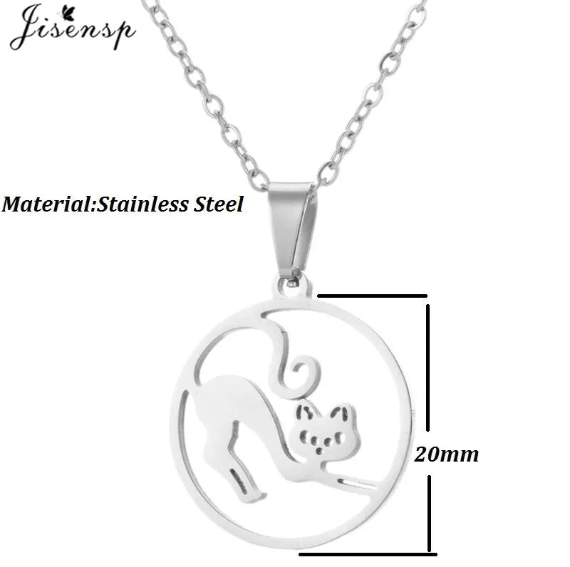 Stainless Steel Origami Cat Necklaces Lovely Animal Kitten Jewelry Cat on the Moon Pendant Necklace Women Bijoux Collane