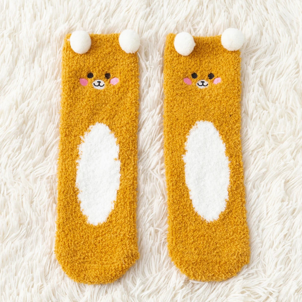 Women Cute Cartoon Animal Fuzzy Socks Winter Warm Fleece Kawaii Panda Bear Cat Mouse Casual Fashion Home Floor Sleep Fluffy Sock