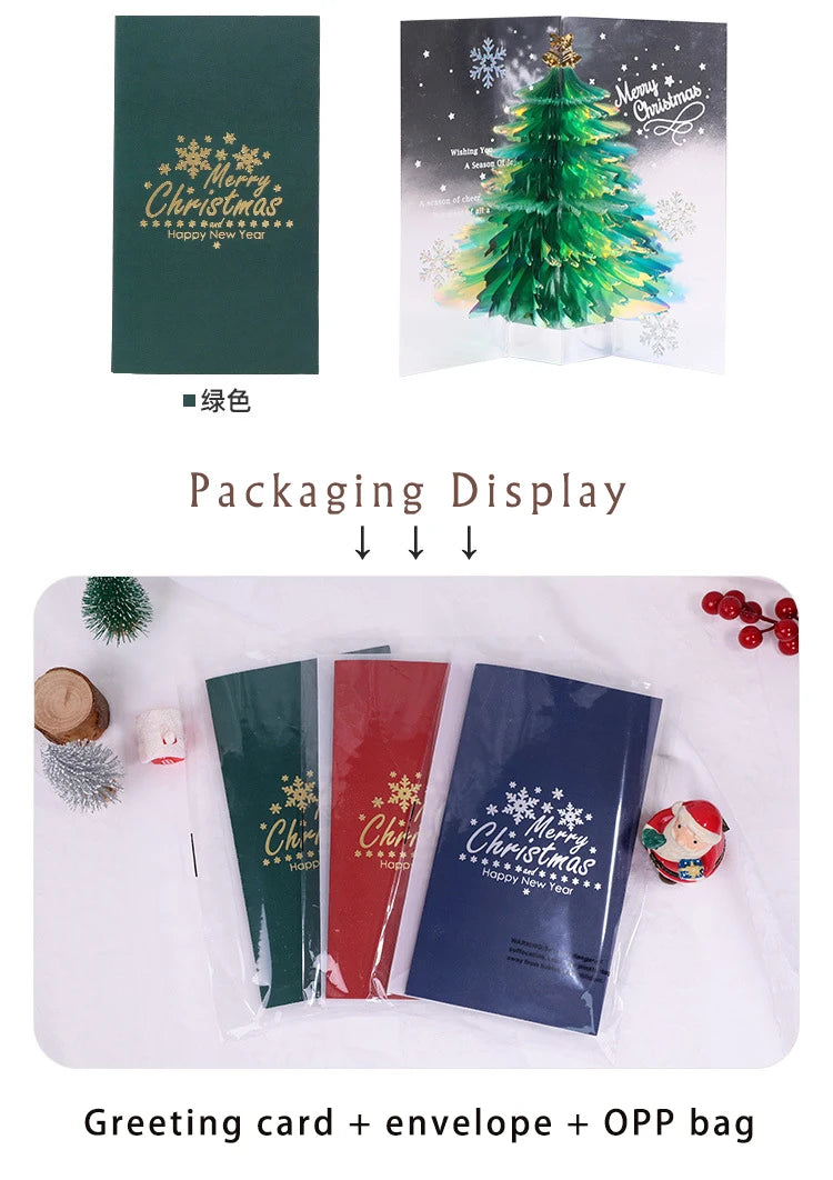 3D Shining Bling Christmas Tree Pop Up Greeting Cards With Envelope Blessing Message Postcard For Xmas New Year Gifts