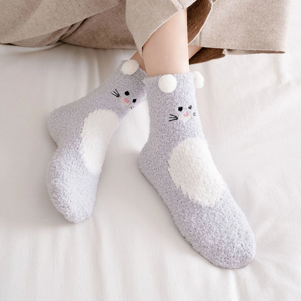 Women Cute Cartoon Animal Fuzzy Socks Winter Warm Fleece Kawaii Panda Bear Cat Mouse Casual Fashion Home Floor Sleep Fluffy Sock