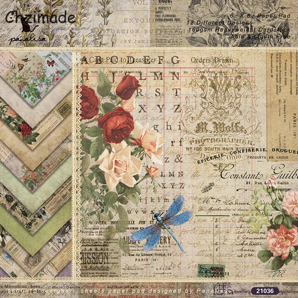 12Sheets Vintage Flower Scrapbooking Material Paper Pads Art Background 6x6