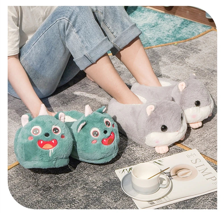 Cartoon Warm Winter Slippers Kawaii Hamster Unicorn Plush Shoes Soft Sole Flat Home Cotton Shoes Girl Women Floor Mute Non-slip