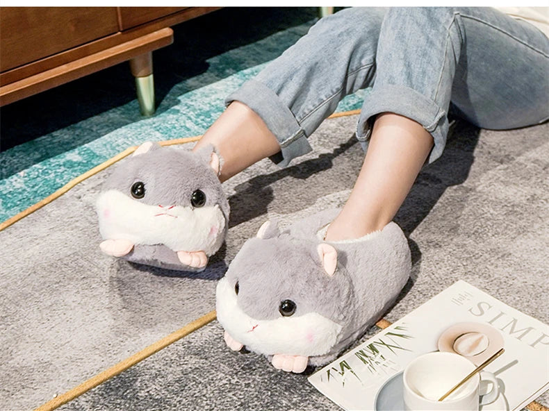 Cartoon Warm Winter Slippers Kawaii Hamster Unicorn Plush Shoes Soft Sole Flat Home Cotton Shoes Girl Women Floor Mute Non-slip