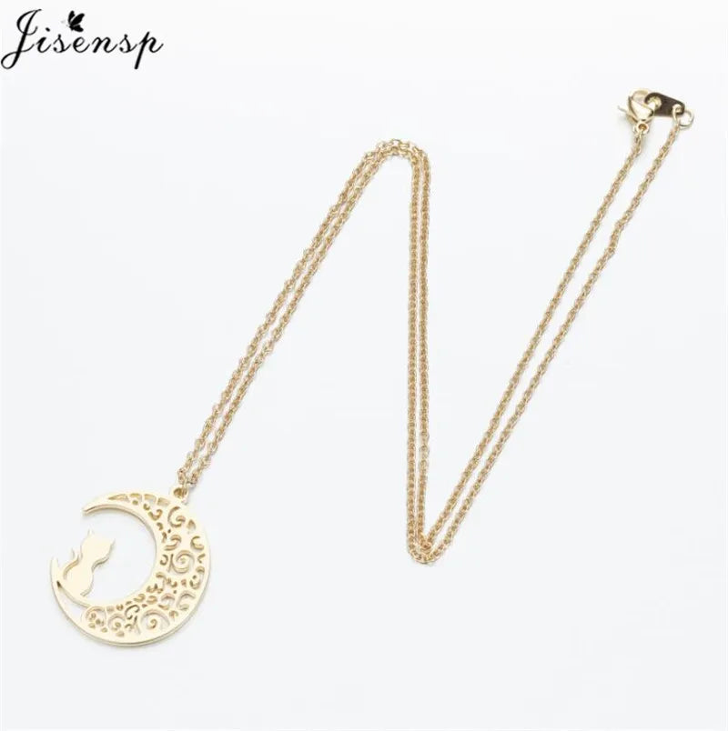Stainless Steel Origami Cat Necklaces Lovely Animal Kitten Jewelry Cat on the Moon Pendant Necklace Women Bijoux Collane