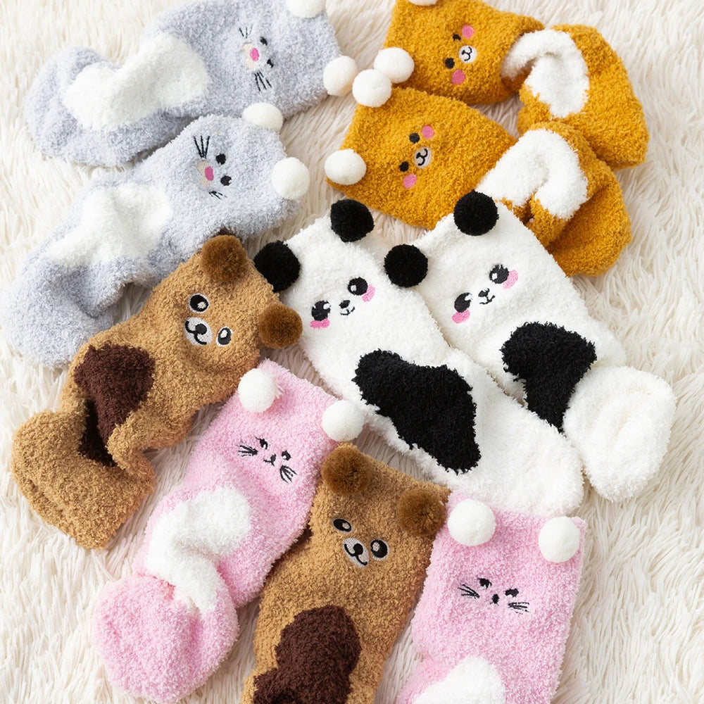 Women Cute Cartoon Animal Fuzzy Socks Winter Warm Fleece Kawaii Panda Bear Cat Mouse Casual Fashion Home Floor Sleep Fluffy Sock