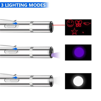 4mW 三合一貓用 LED 追逐玩具紅色雷射筆 USB 充電白色手電筒筆寵物玩具紫外線手電筒 5 種模式