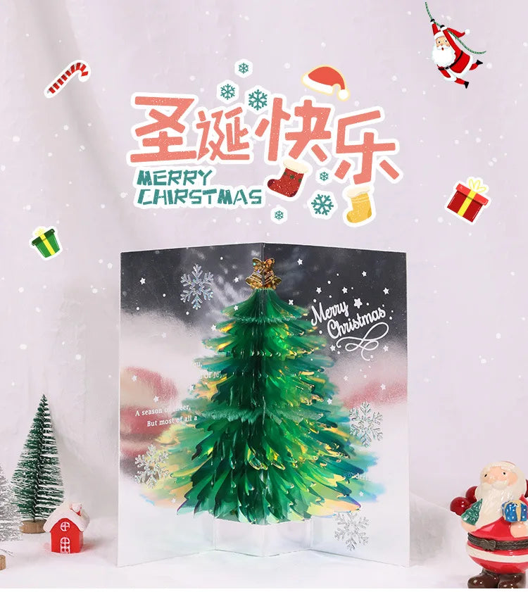 3D Shining Bling Christmas Tree Pop Up Greeting Cards With Envelope Blessing Message Postcard For Xmas New Year Gifts