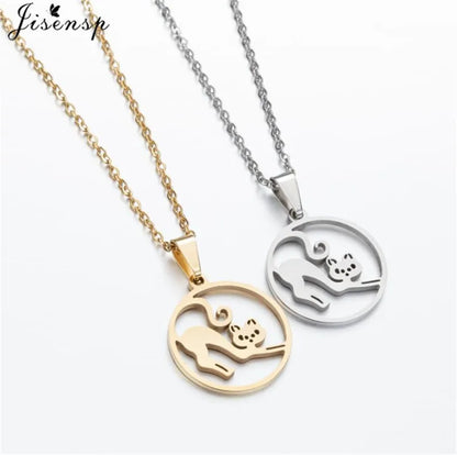 Stainless Steel Origami Cat Necklaces Lovely Animal Kitten Jewelry Cat on the Moon Pendant Necklace Women Bijoux Collane