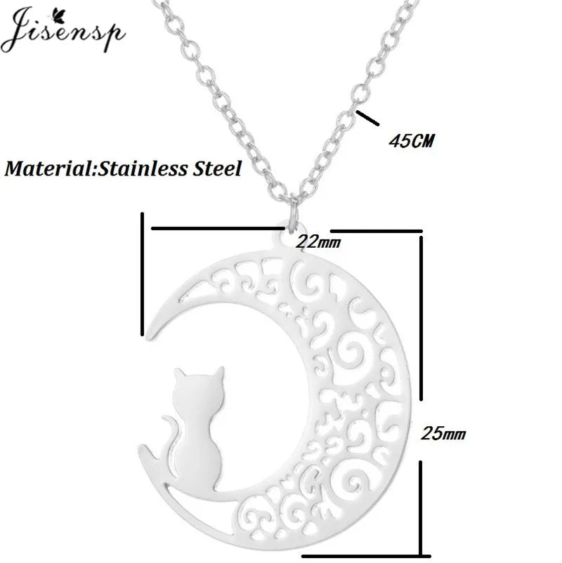 Stainless Steel Origami Cat Necklaces Lovely Animal Kitten Jewelry Cat on the Moon Pendant Necklace Women Bijoux Collane