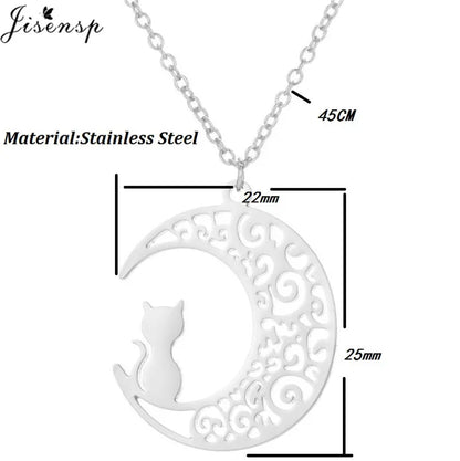 Stainless Steel Origami Cat Necklaces Lovely Animal Kitten Jewelry Cat on the Moon Pendant Necklace Women Bijoux Collane